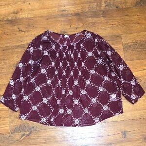 Old Navy Boho Flowy Burgundy And Cream Semi Sheer Floral Blouse